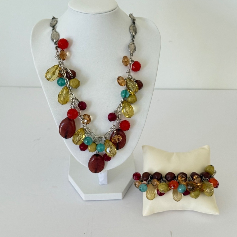 Colorful Gemstone Necklace Stretch Bracelet Set With Multicolor Beads